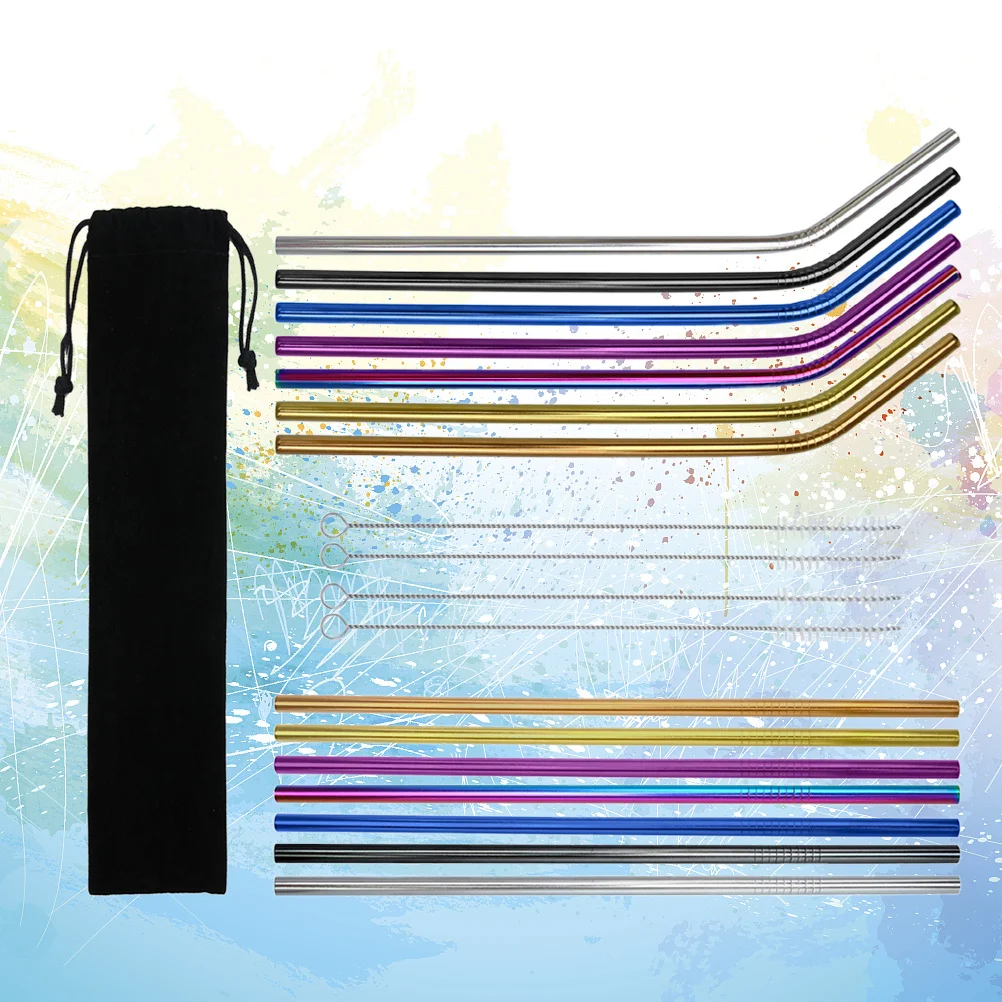 

19pcs Stainless Steel Drinking Straws Set Reusable Curved Straight For Drinks With Cleaning Brush Pouch Corrosion Resistant Easy