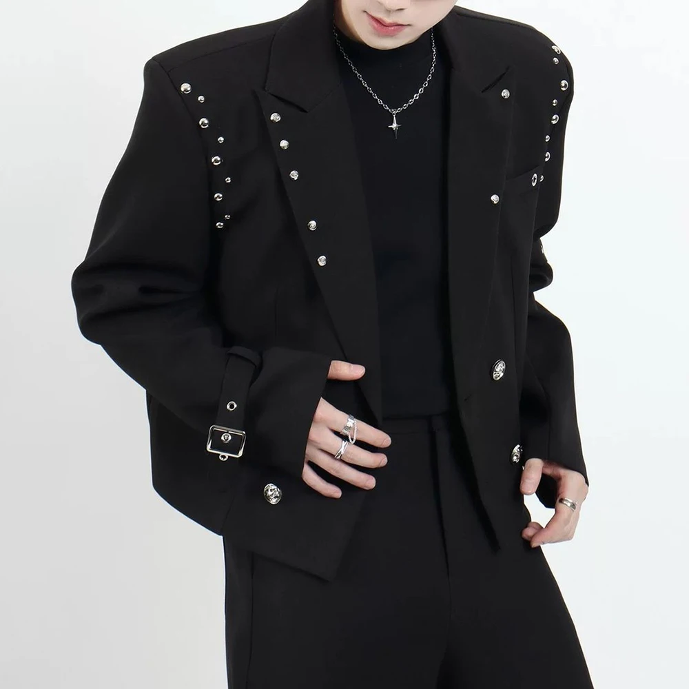 Mens Rivet Eyelet Strap Buckle Padded Shoulder Blazer Streetwear Fashion Nightclub Stage Youth Niche Dark Punk Long Sleeve Top
