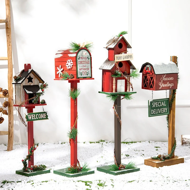 

Christmas wooden house mailbox wooden bird house mailbox floor ornament hotel shopping mall indoor festival scene layout props