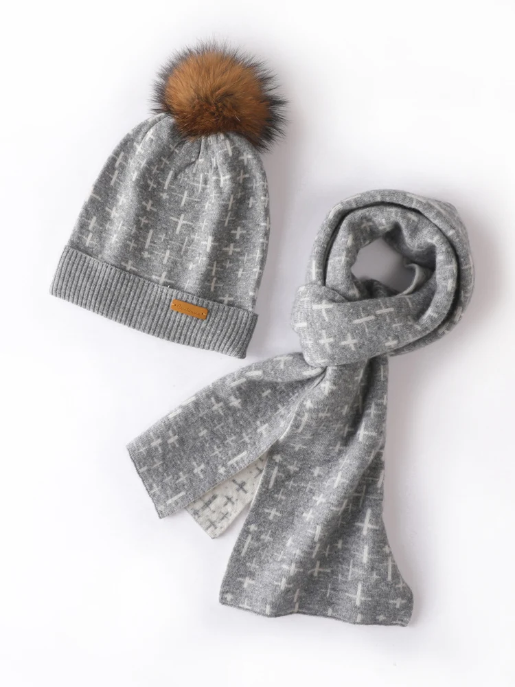 TLOML Autumn Winter Chic Women‘s 100% Merino Wool Knit Jacquard Hat Scarf Suit Warm Soft Casual Style Cashmere Hat  Scarf Suit