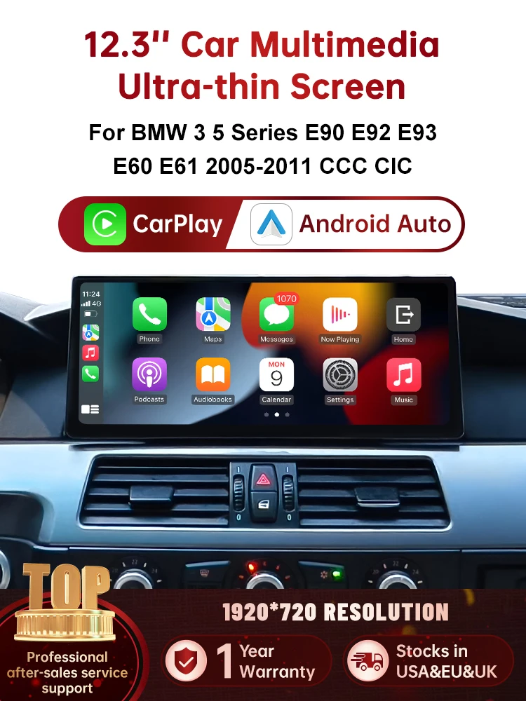 DE RoadTop 12.3'' Draadloze CarPlay Linux Ultradun scherm voor BMW Serie 3 5 E60 E61 E90 E91 E92 E93 CCC CIC Multimedia Display - afbeelding 2