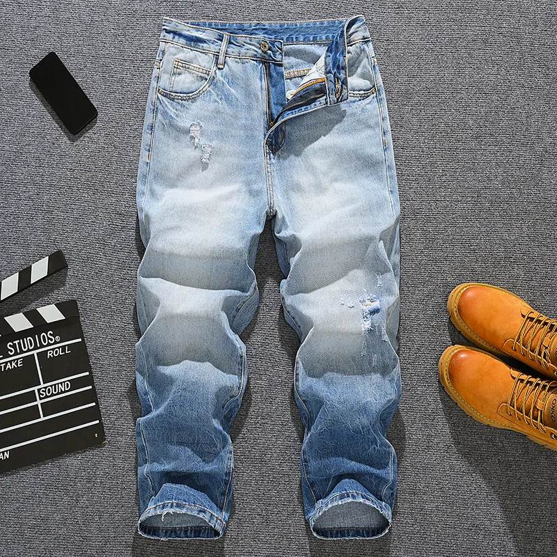 

Новинка весны и лета 2025 года, модные брендовые свободные прямые джинсы для мужчин и молодежи, синие брюки с градиентом в стиле ретро High Street