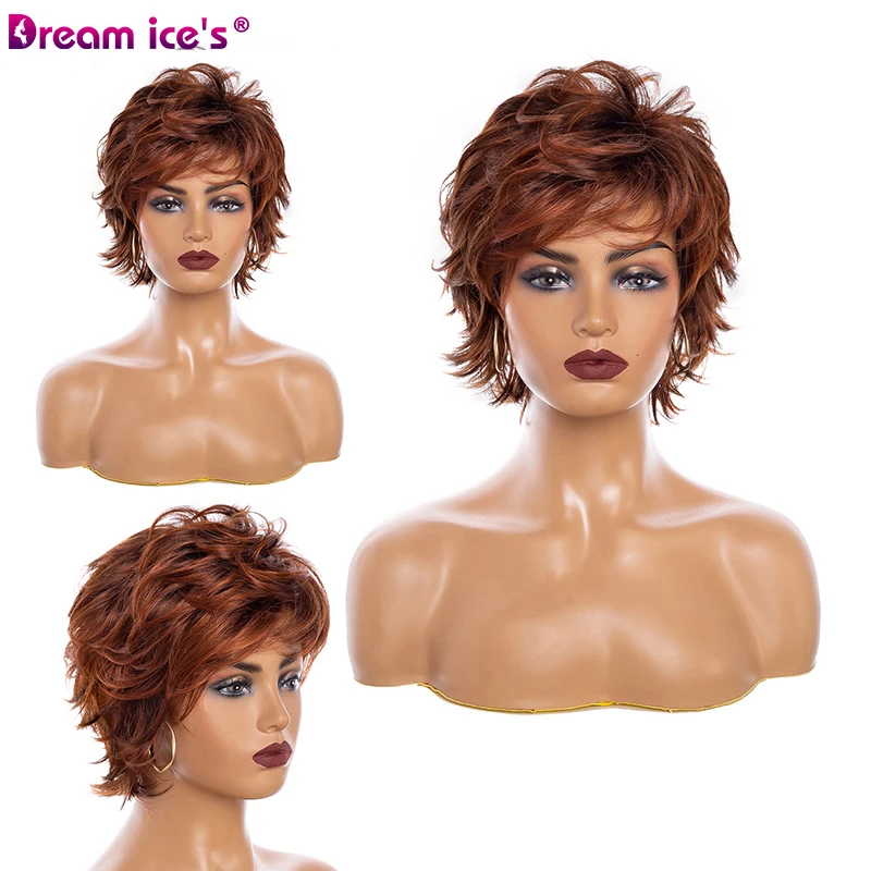 Short Gray Brown Pixie Cut Synthetic Wig With Bangs For Women Natural Straight Wave Glueless Hair Daily Cosplay Wigs Dream ice\'s