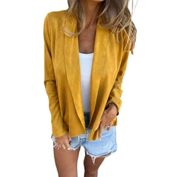 Women's Suit Jacket Solid Suede Lapel Zipper Pocket Office Commuting Formal Slim Cardigan Top Fashion Street Wear S-XL