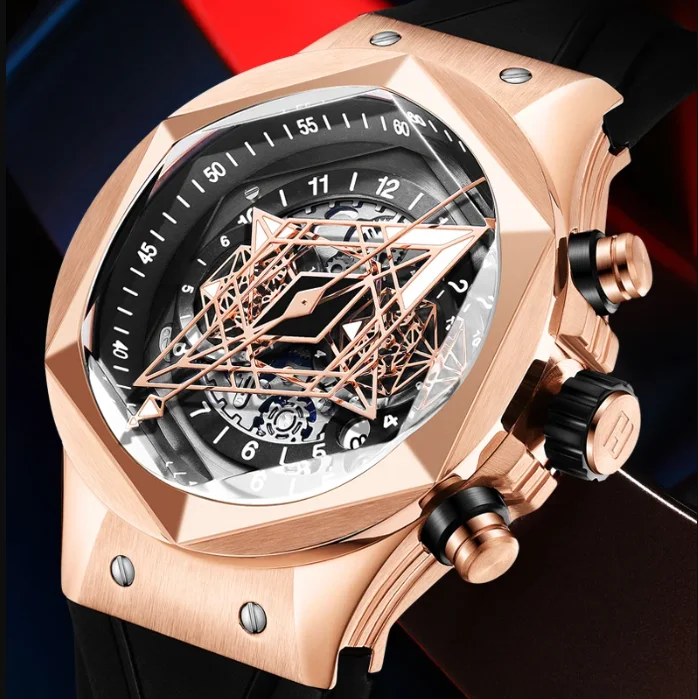 HANBORO Herren-Automatikuhr, 42 mm, mechanische Armbanduhr, leuchtendes Skelett, sechseckige Lünette, Saphir-Kautschukarmband