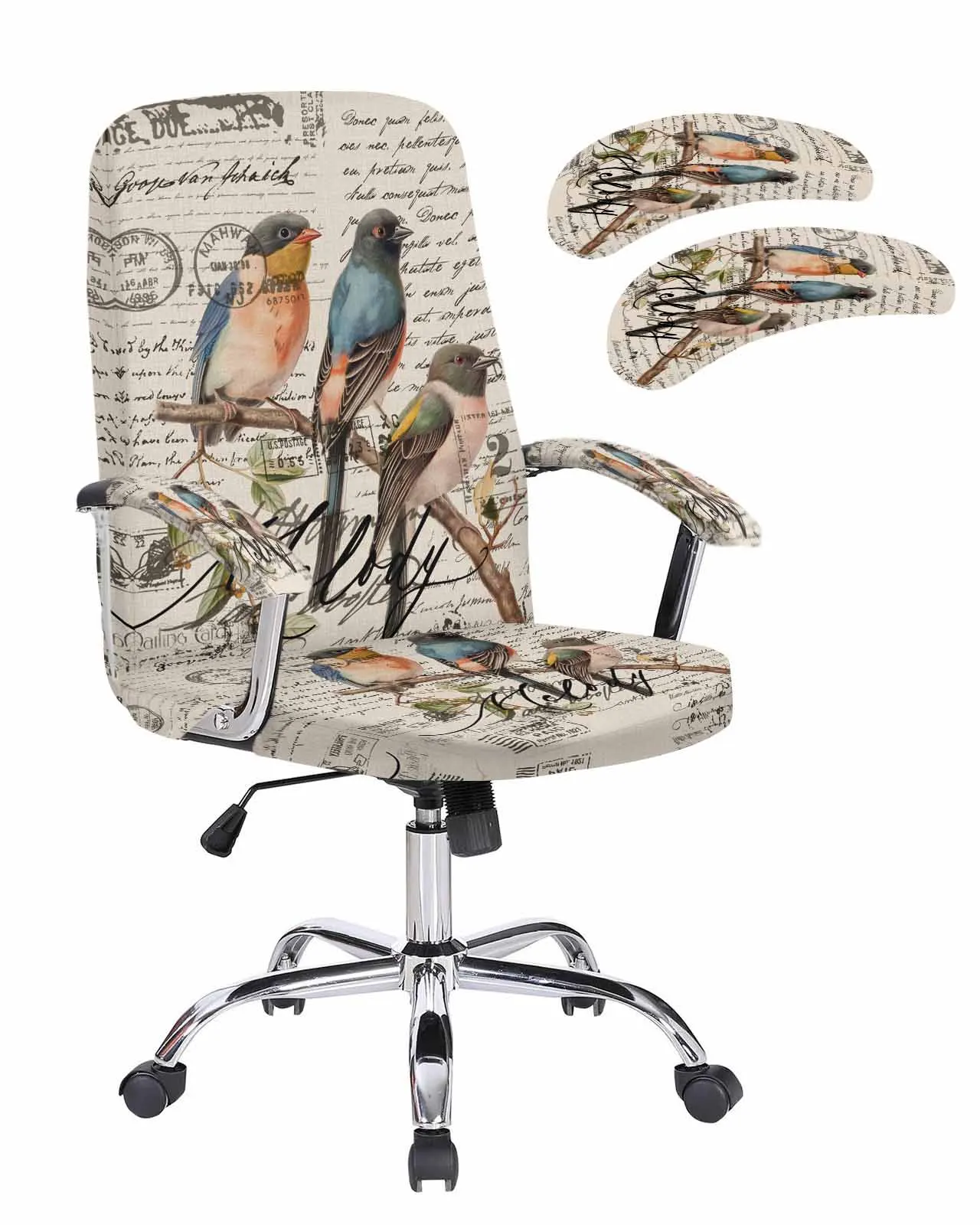 Vintage Bird Hand Drawn Envelope Elastic Office Chair Cover Gaming Computer Chair Armchair Protector Seat Covers