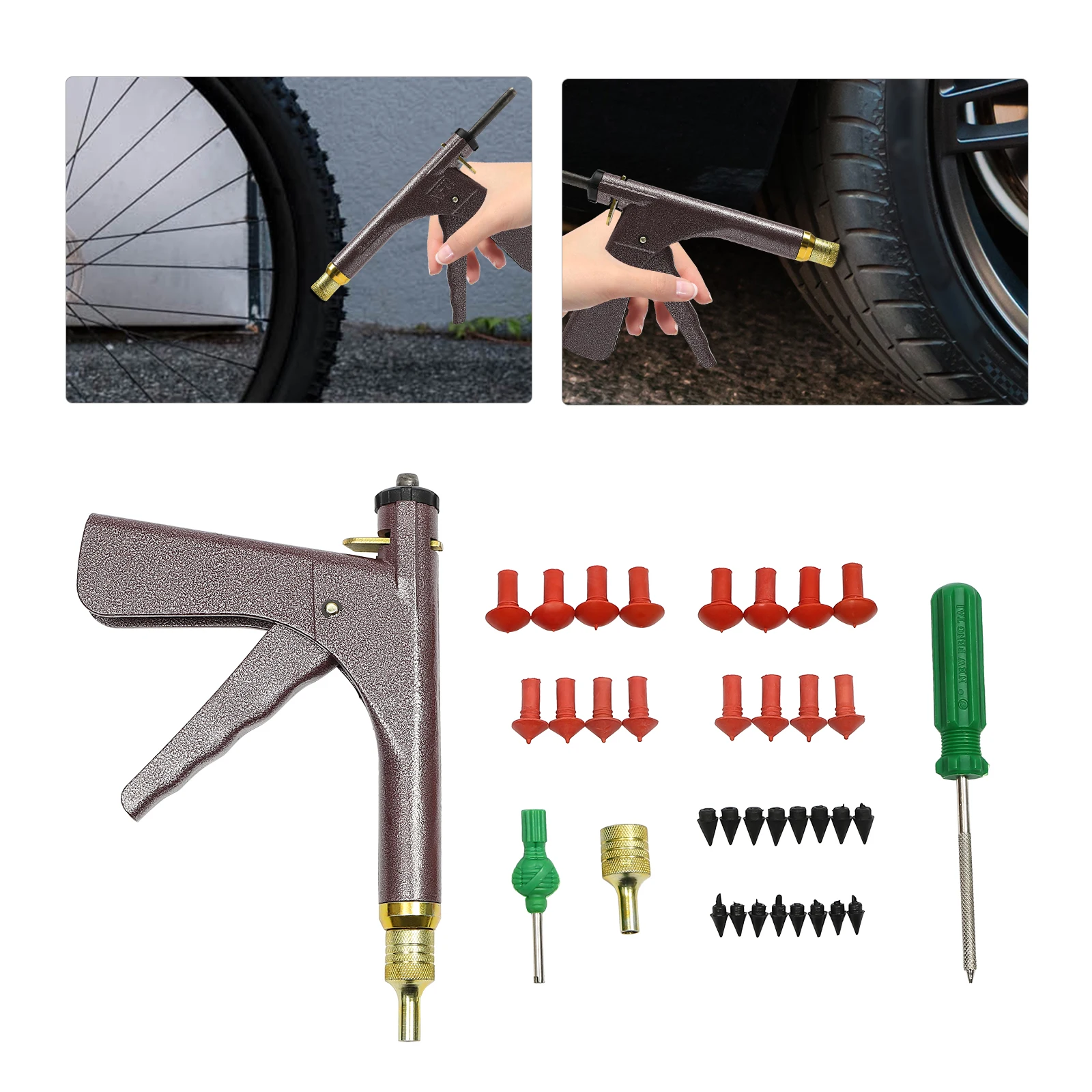 Kit pistola per riparazione ruote pneumatici tubeless, pistola professionale per riparazione pneumatici sottovuoto, tappo per pneumatici con tappo a fungo Tubeless con scatola