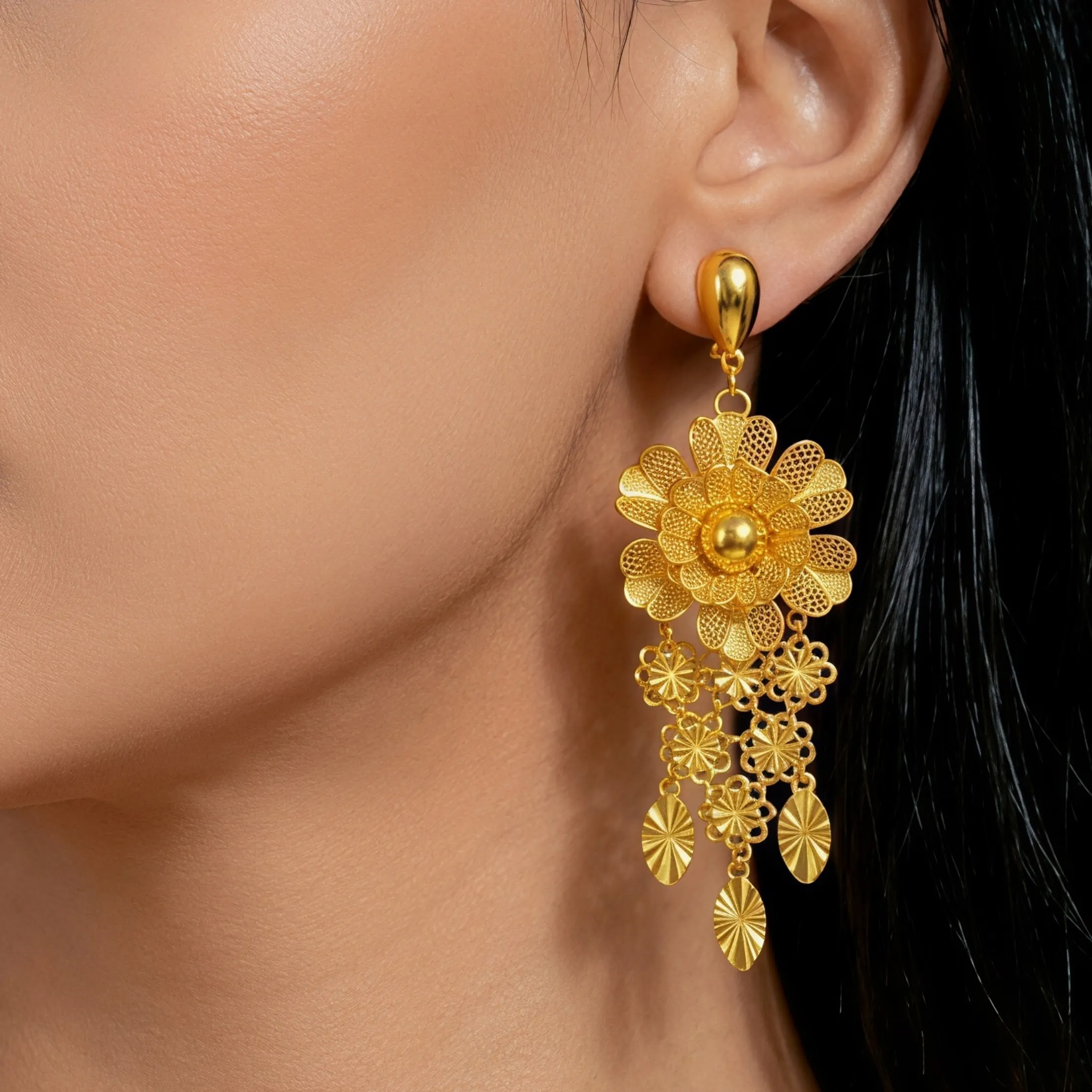 Luxuriöse indische lange Blumen-Halsketten- und Ohrring-Sets für Bräute, äthiopischer Dubai 24k Goldfarben-Schmuck, Ohrringe, Bankettgeschenke – Detail 3