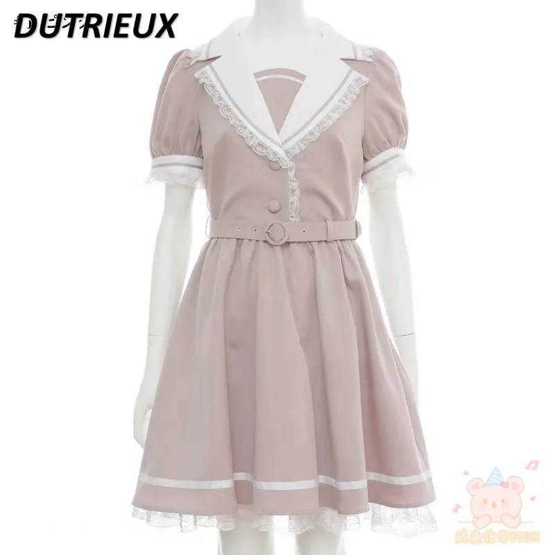 

Japanese SC Dress Women New Summer Retro Style Belt Lace Mine Mass-Produced Lapel Sweet Cute Short Sleeve Dress for Students