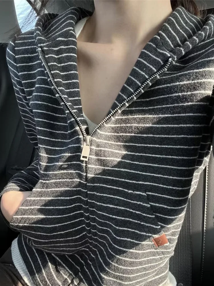 

ay полосатый открытый кардиган с капюшоном, женский повседневный мягкий вязаный топ, осень-зима, Faion Commute Sle Regular Sve