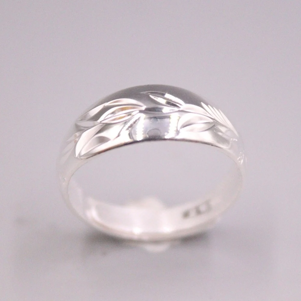 

Real Pure 999 Fine Silver Band Men Women Lucky 7mm Carved Pattern Leaf Ring 3.2g