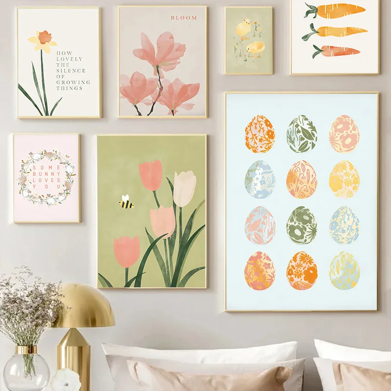 Easter Wall Art 11 Styles Spring Bunny Tulip Daffodil Poster Pastel Watercolor Nursery Kids Room Seasonal Decor Print Unframed