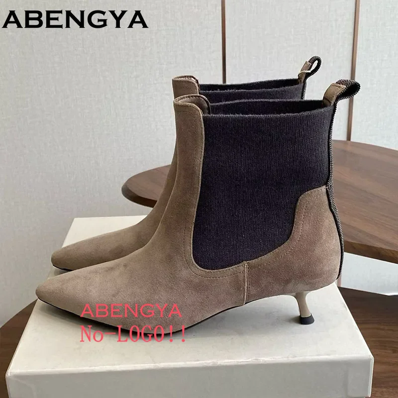 

Spring Autumn Genuine Leather Kitten Heel Short Boots Women Shoes British Style Beaded Point Toe Chelsea Ankle Boots For Women