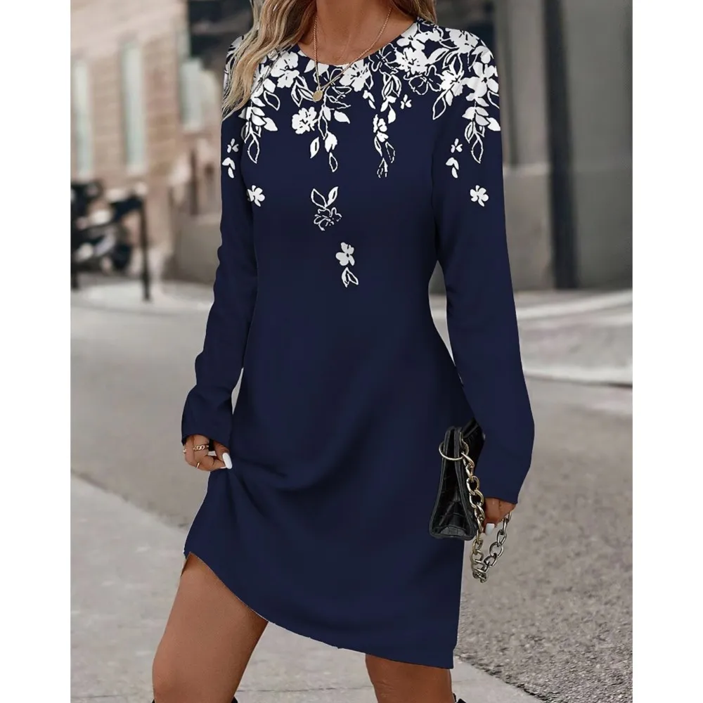 Women's Casual Dress Elegant 3D Floral Print Round Neck Long Sleeved Versatile T-shirt 2025 Spring Ladies Pullover Mini Dresses