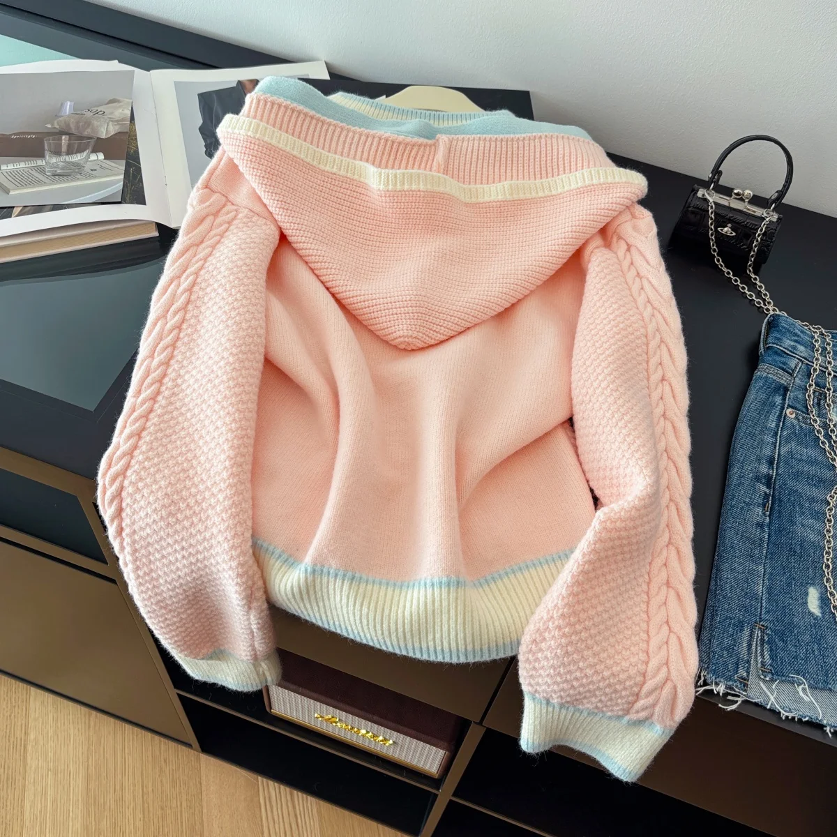 Women's Pink Knit Pullover Sweater 2000s Vintage Korean Style Jumper Knit Long Sleeves Removable Hoodie Cashmere Sweater Spring