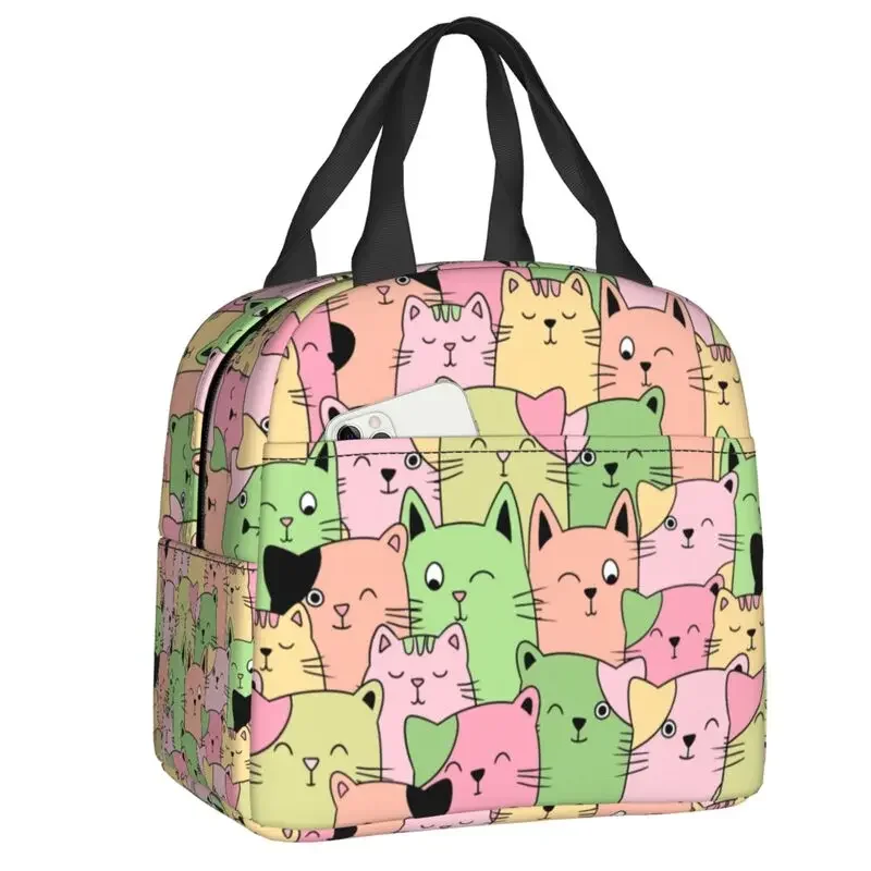 

Kawai Cats Thermal Insulated Lunch Bag Women Cute Animal Kitten Lunch Tote for School Office Outdoor Storage Food Bento Box