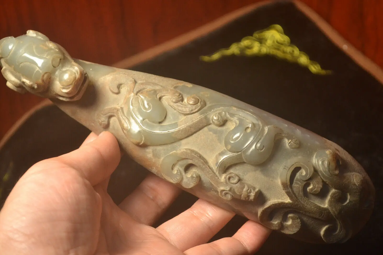 

Chinese Antique Old Hard Jade Dragon Head Huge Ruyi Hook Totem Carving Best Buy Timestown 20201128A