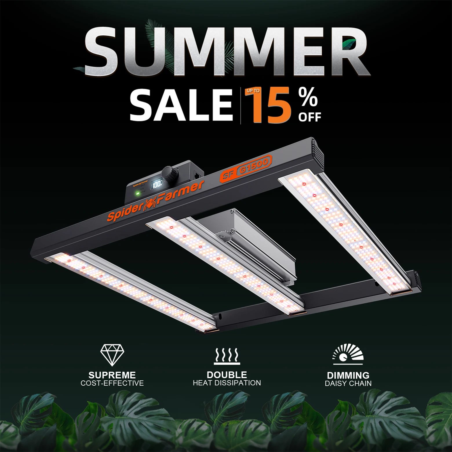 2026 Spider Farmer G1500 LED Grow Light 150W Dimmable Cost effective Full Spectrum High Yield for 1x1m Grow Tent