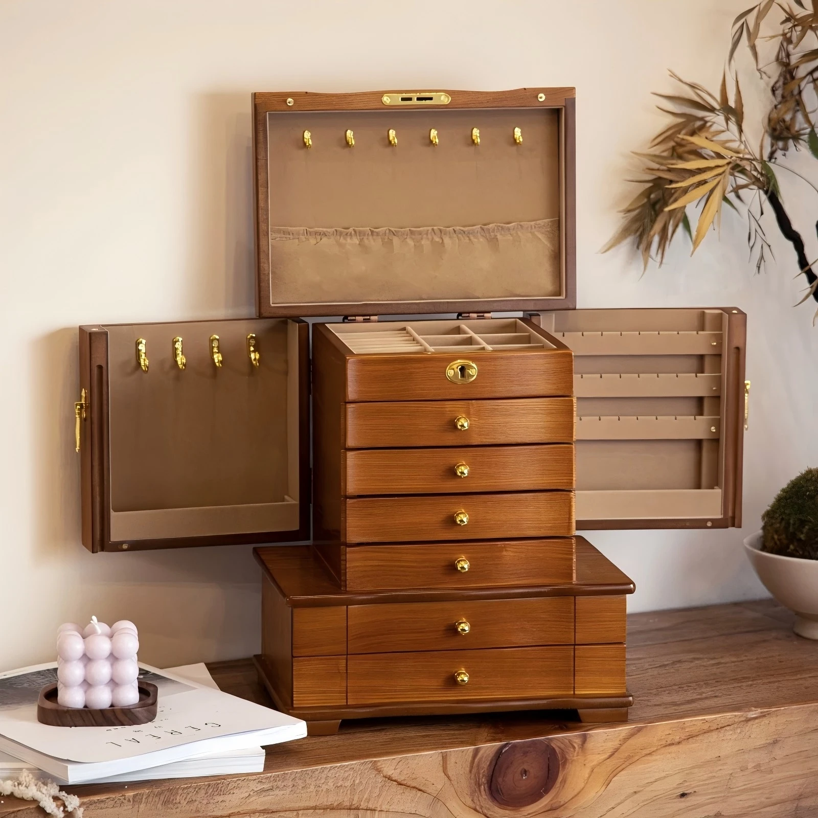 

Деревянная шкатулка для украшений ручной работы, портативный дорожный футляр для хранения колец и сережек, подарок для неё