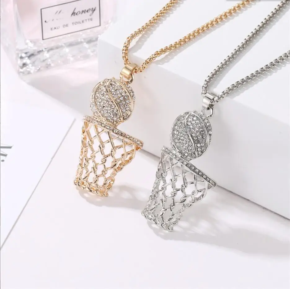 1PC New Trendy Bohemian Crystal Inlaid Necklace Basketball Box Frame Pendant For Men Gold-plated Sliding Necklace F1971