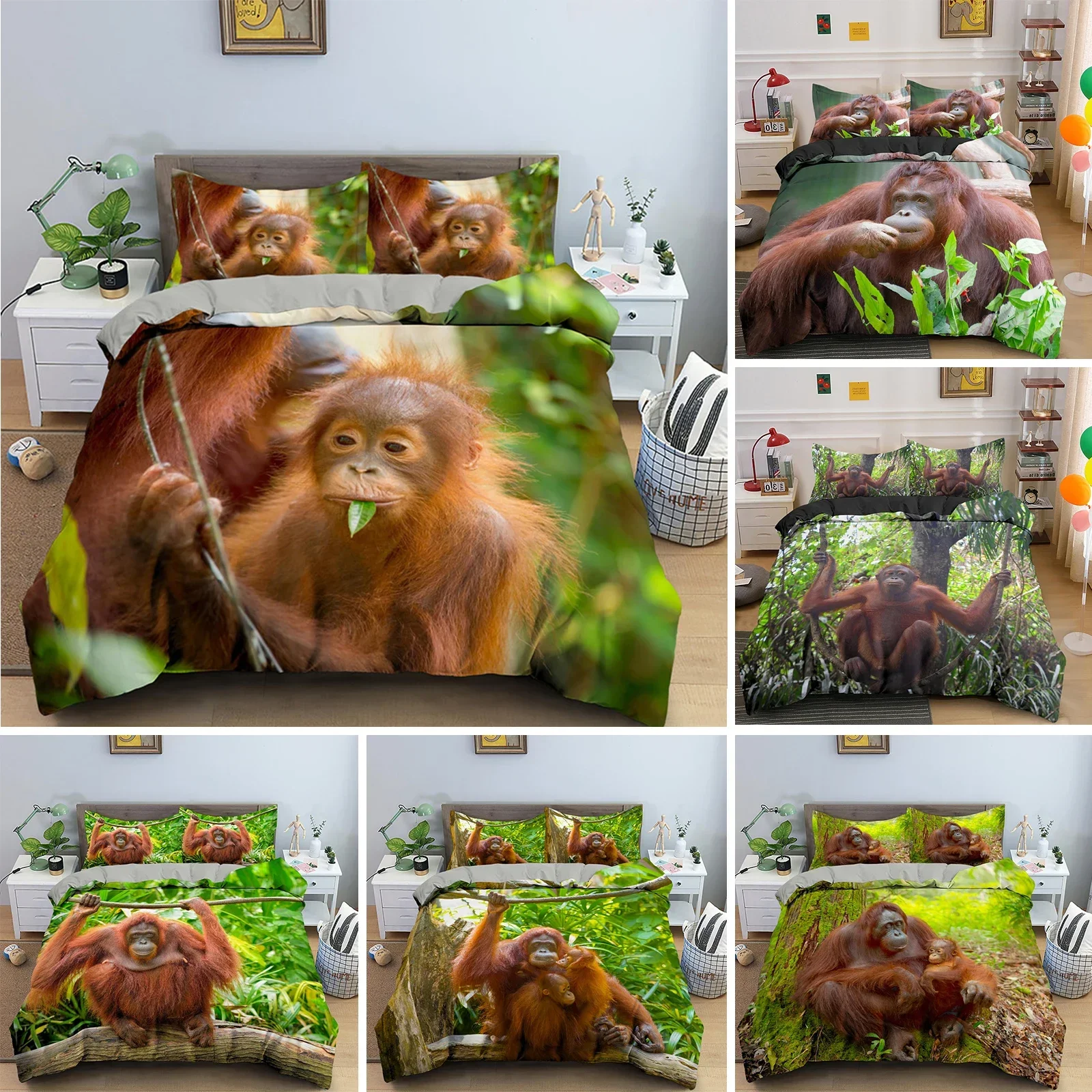 Orangutan Duvet Cover King Queen Size Cute Monkey Bedding Set Palm Leaves Tropical Botanical Polyester Comforter Cover for Adult