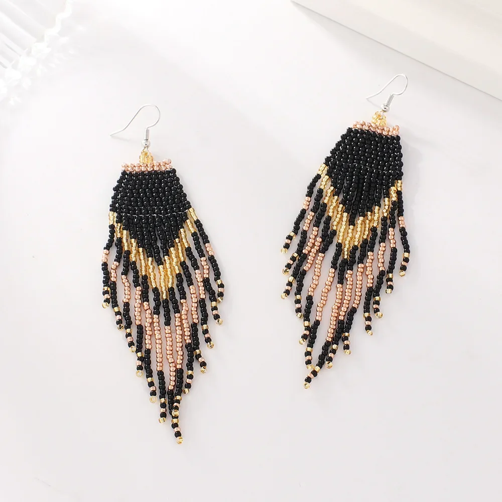 

Fringe Earrings Hand knitting Bohemia Beading fashion wave Retro originality geometry alloy ma'am Rice Bead Earrings