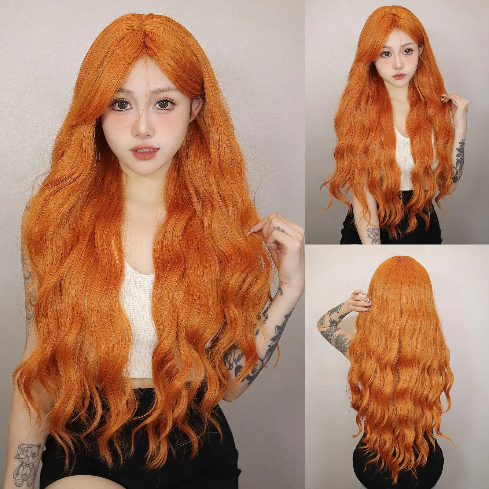 Long Water Wave Orange Synthetic Wigs for Women Wavy Natural Hair Wigs with Long Bangs Cosplay Party Wigs Heat Resistant