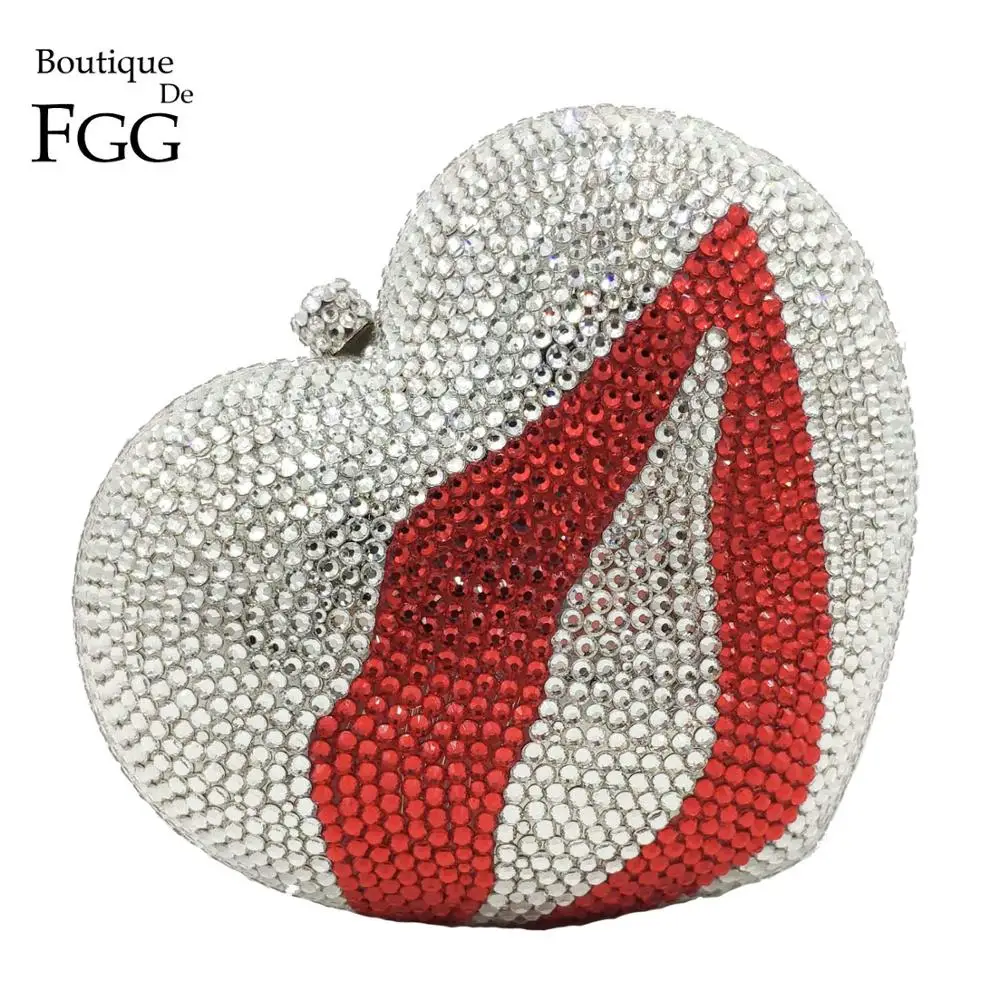 Boutique De FGG Red Lips on Heart Women Mini Crystal Evening Clutch Bags Hard Case Metal Wedding Bridal Diamond Purses Handbags