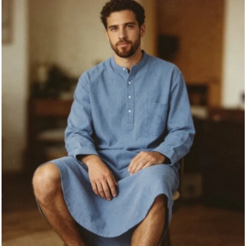 

Men's Full Length Button Front Nightshirt Breathable Soft for Morning Coffee and Bedroom Lounging