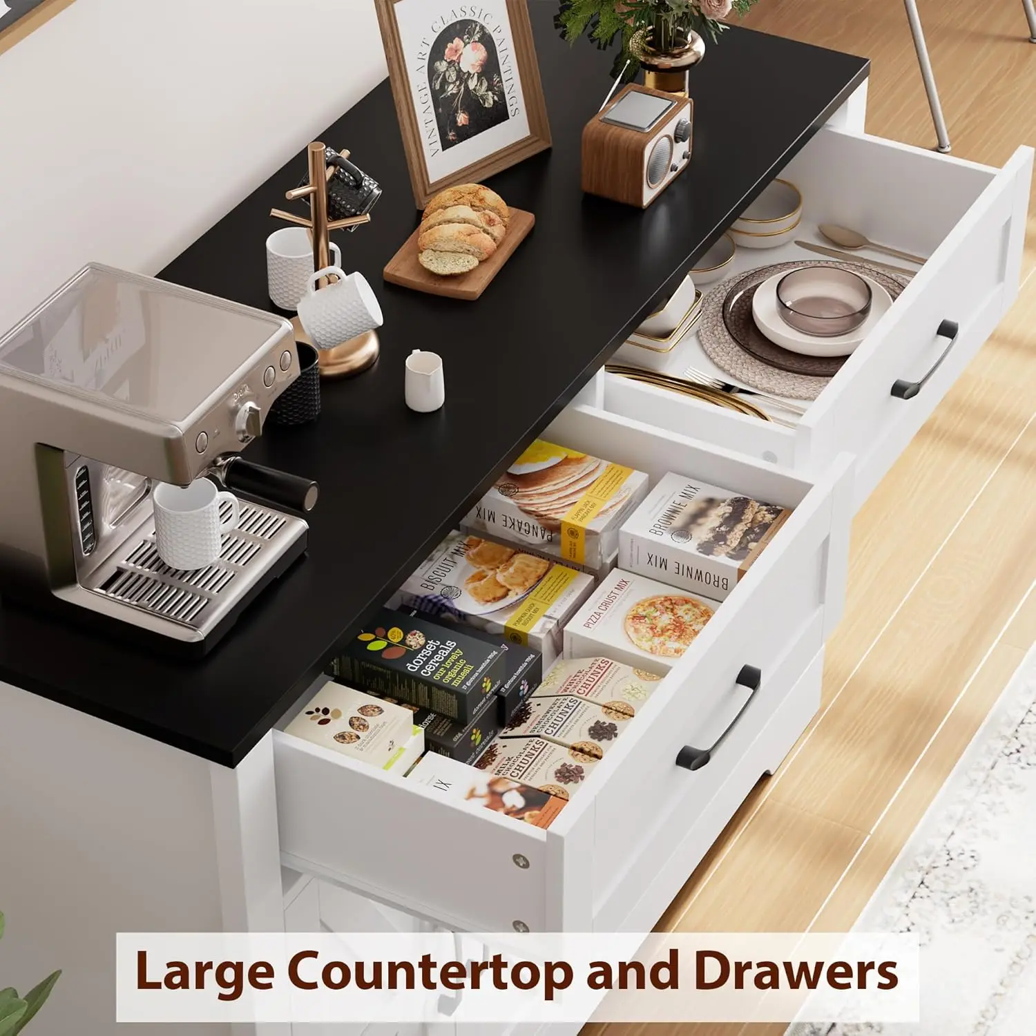 Boerderij dressoir met lades, witte en zwarte keukenkast voor eetkamer, hal, koffiebar