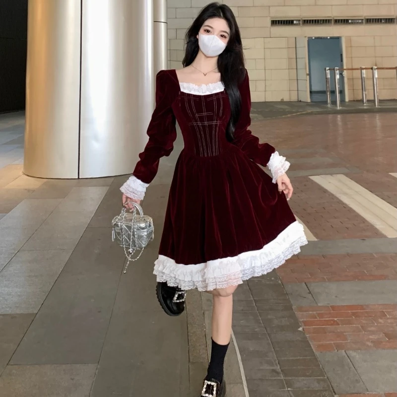 Vintage Christmas Sweet Velvet Dress Women Lace Patchwork Square Collar High Waist Solid Color Slim Birthday Dresses for Female