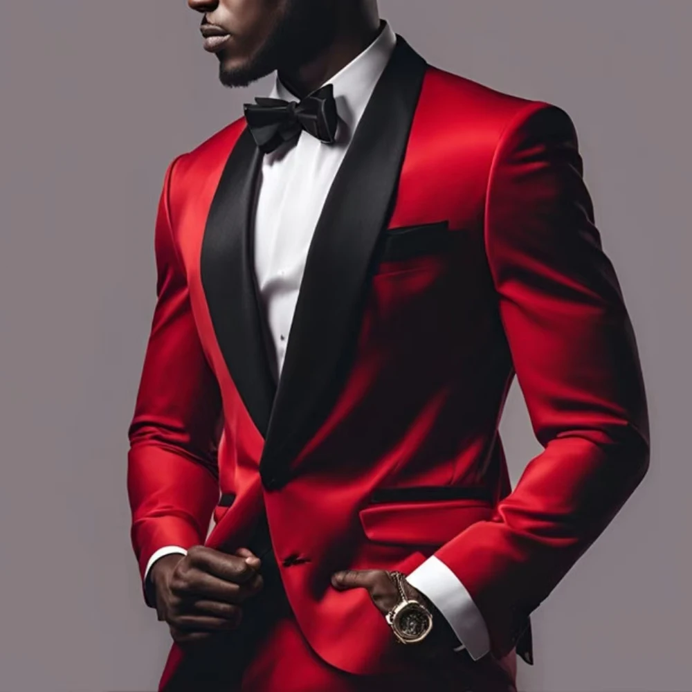 Luxury Red Men Suits High Quality Shawl Lapel Single Breasted Wedding Blazer Custom Made 2 Piece Jacket Pants Outfits for Prom