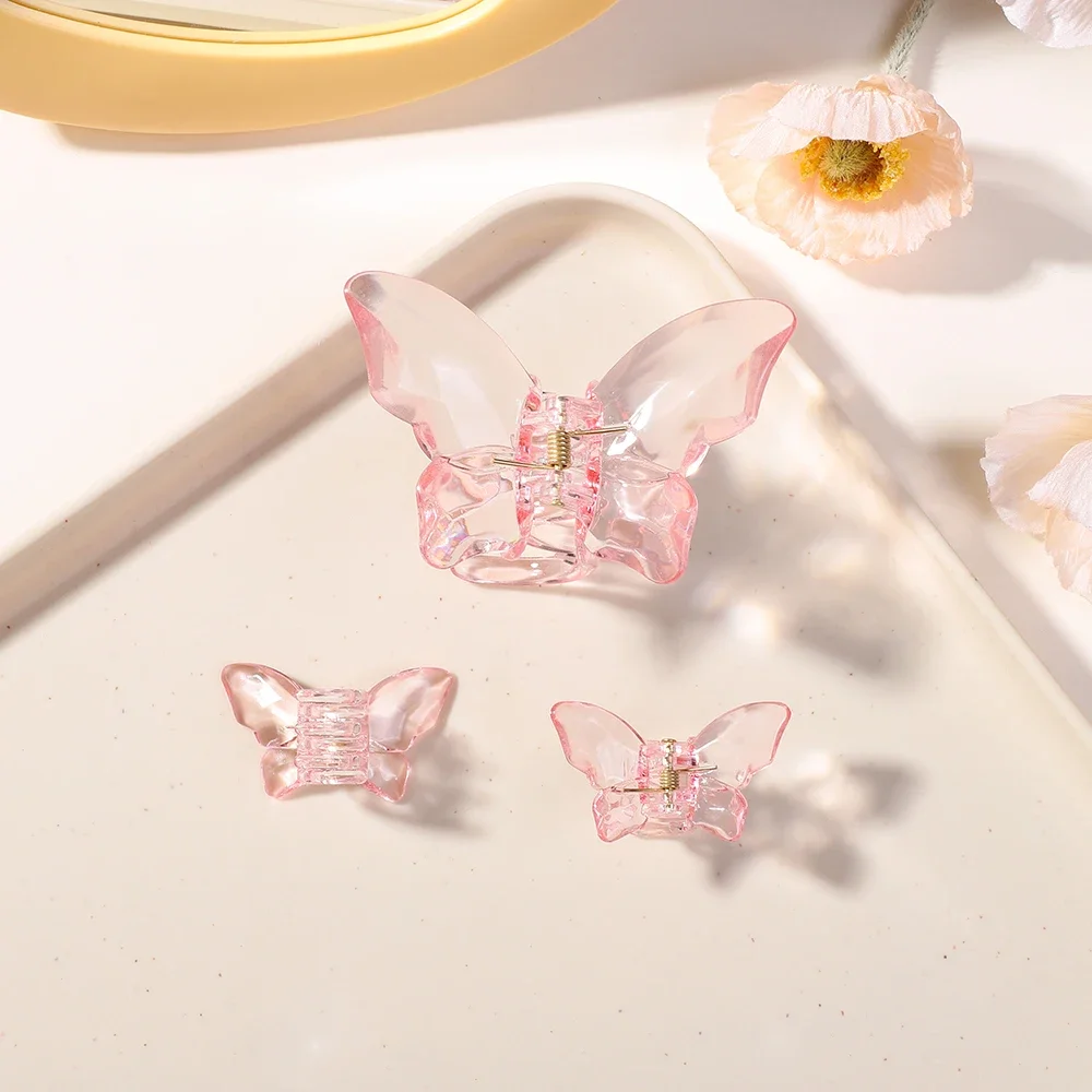 3Pcs Pink Medium Butterfly Hair Clips for Thick Thin Hair,Non Slip Cute Transparently Hair Claw Clip for Women Girls Accessories