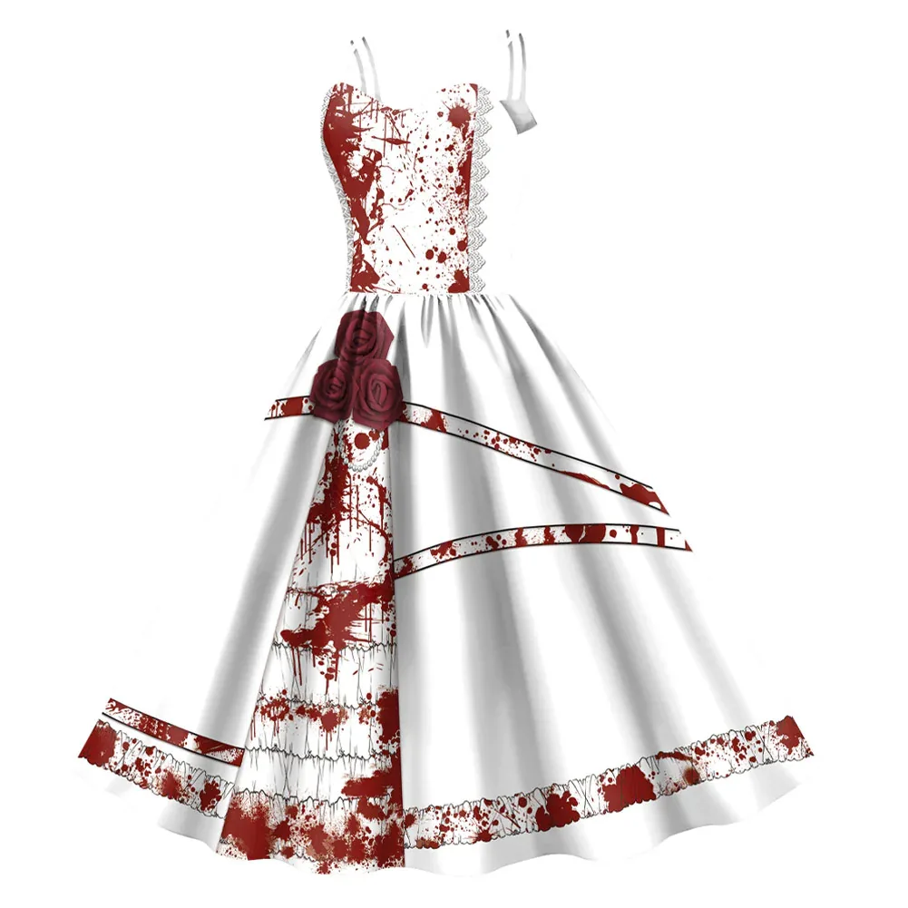 Vintage Gothic Doppelriemen-Swingkleid mit Skelett-Brustmuster, mehrfarbigem Blumen- und Totenkopf-Aufdruck, Damen-Halloween-Cosplay-Kostüm – Detail 17
