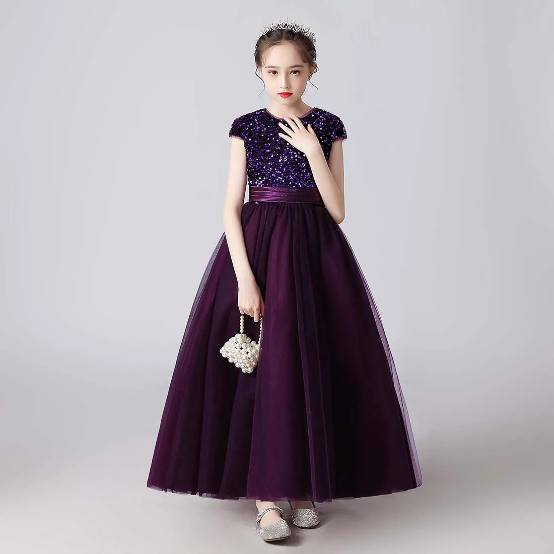 YZYmanualroom Glitter Sequins Short Sleeves Flower Girls Dresses For Wedding Tulle Birthday Party Christmas Dress For Girl