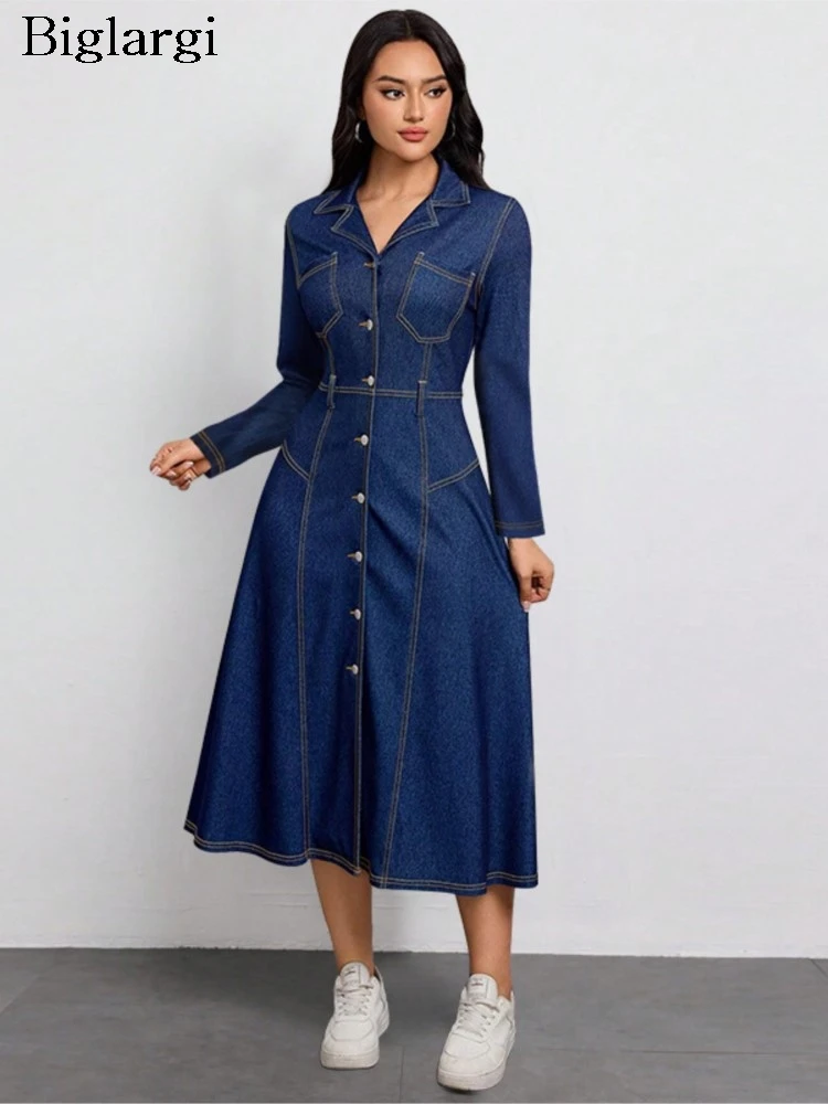 Denim Autumn Shirts Dress Women Slim High Waist Retro Fashion Ladies Shirts Dresses Ruffle Pleated Woman Dress