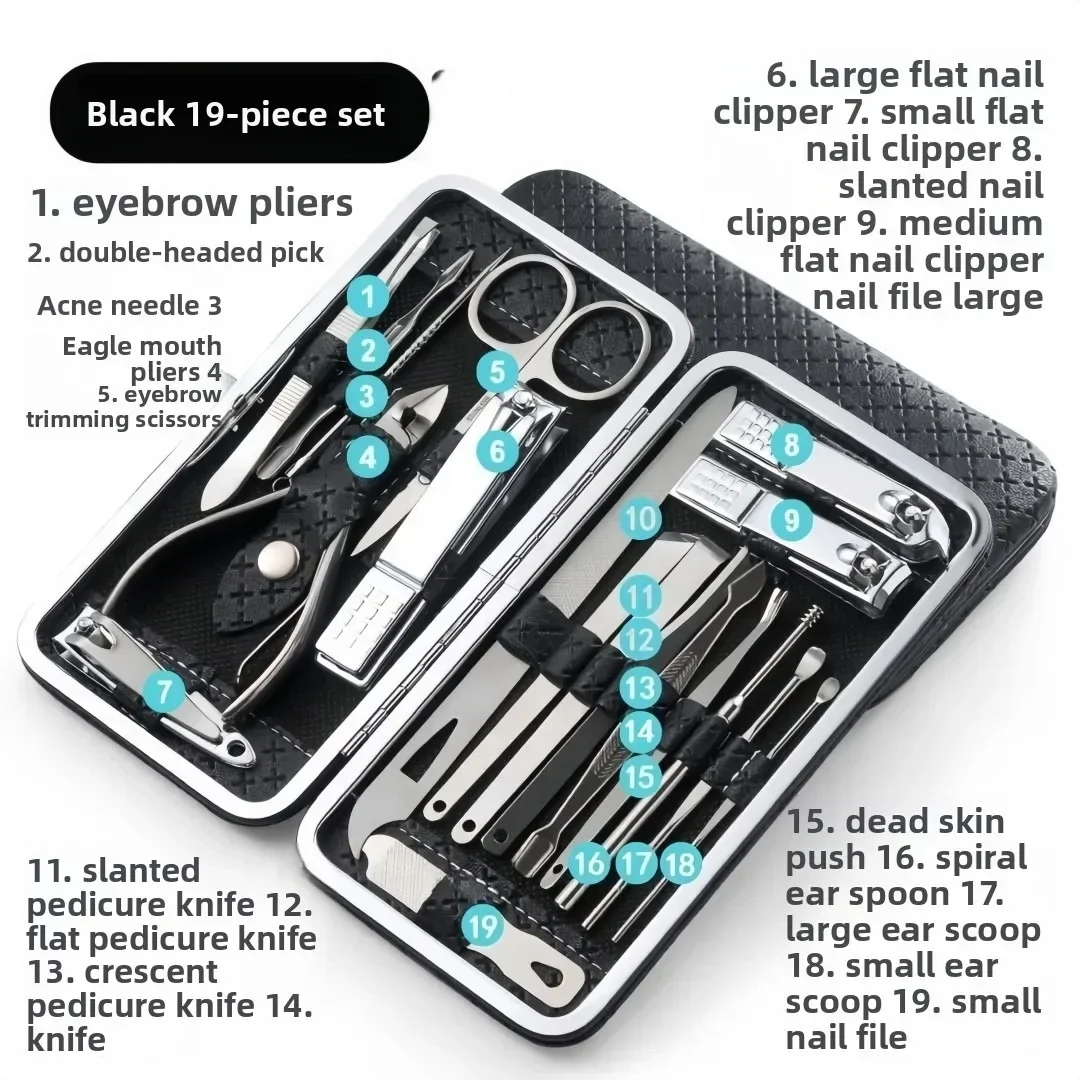 8/19/21-teiliges Maniküre-Pediküre-Set aus Edelstahl, Nagelknipser-Set, professionelle Nagelfeile, Schere, Ohrenreiniger mit Etui – Detail 5