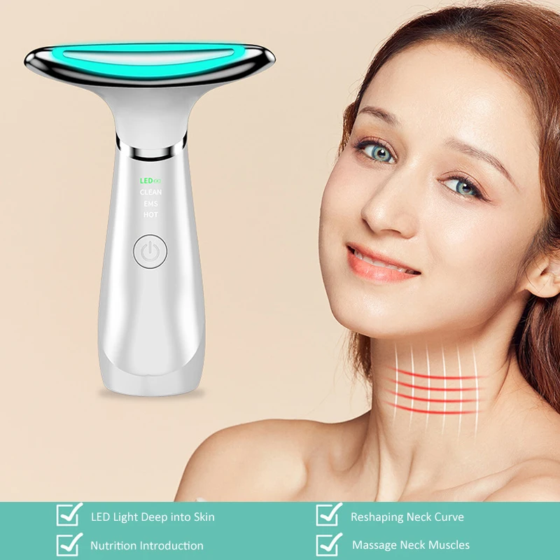 Hals Gesicht Schönheit Gerät Facelift ing Hals Falten Entferner 3 Farben LED Photon Hauts traffung Anti-Falten-Vibrations massage gerät