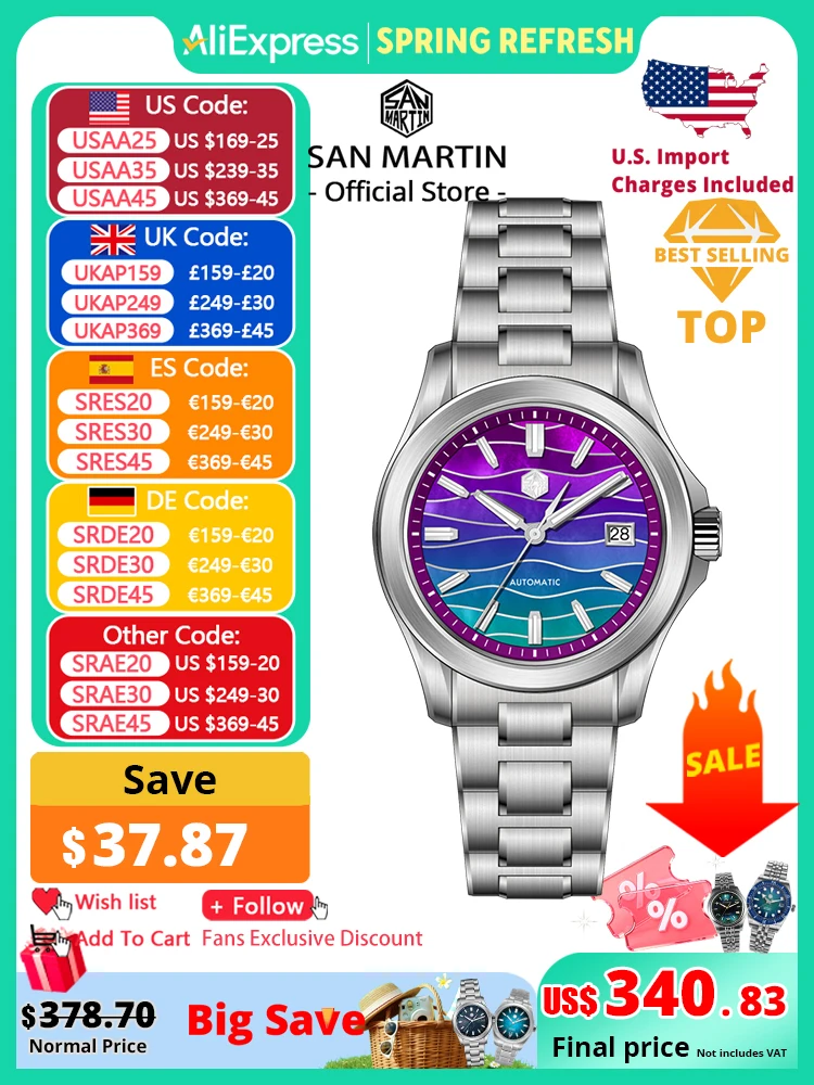 

San Martin Official New 39mm Gradient Color Splicing MOP Dial Miyota 9015 Men Automatic Mechanical Watch Waterproof 100m SN0150