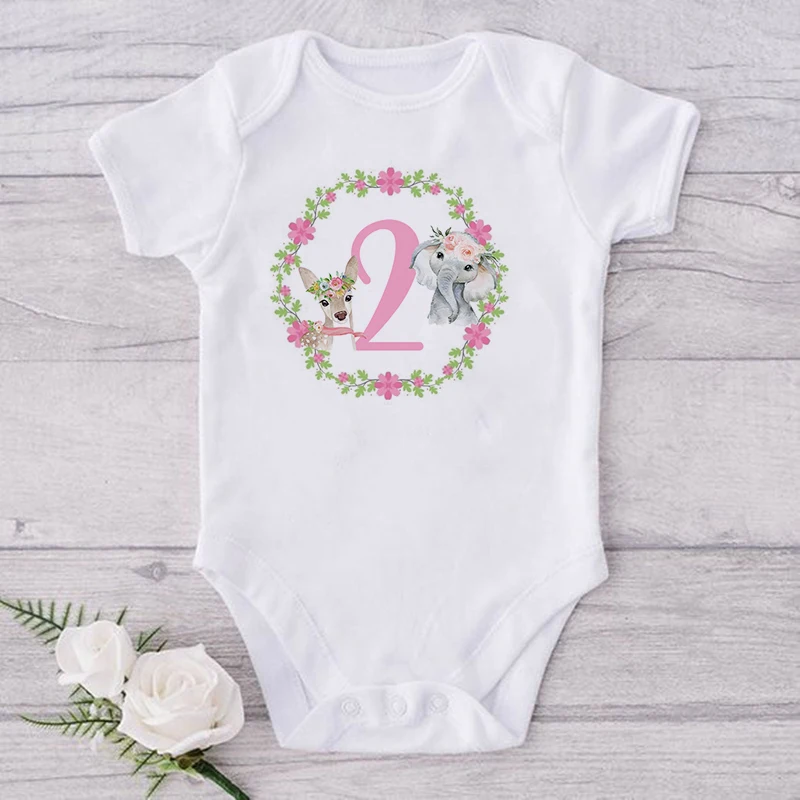 My 1st Birthday Newborn Baby Summer Romper Cute Wreath Elephant Print Toddler Jumpsuits Birthday Party Outfit Boy Girl Clothes