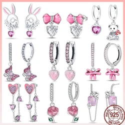 925 Sterling Silver Valentine's Day Bunny Bow Pink Shiny Zircon Series Temperament Earrings Women's Earrings Daily Wear Jewelry