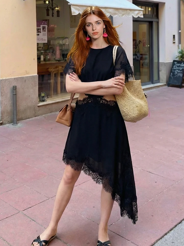 HH Vintage printemps femmes Sexy marron dentelle Satin évider robe élégante femme col rond manches courtes Patchwork fête Club robe