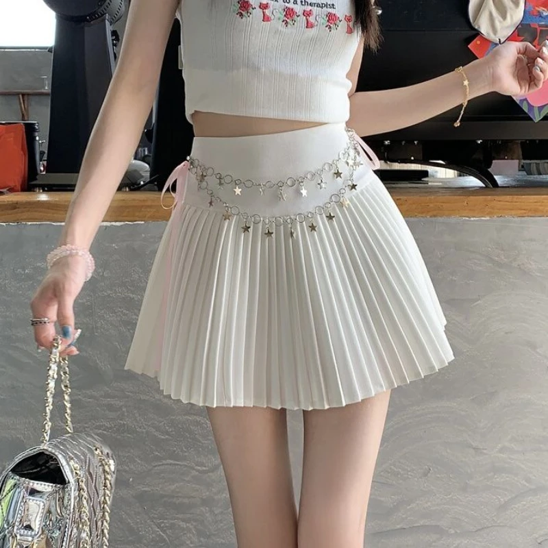 

Плиссированные женские белые юбки трапециевидной формы с высокой талией и цепочкой для девочек, антиэкспозиционные белые юбки