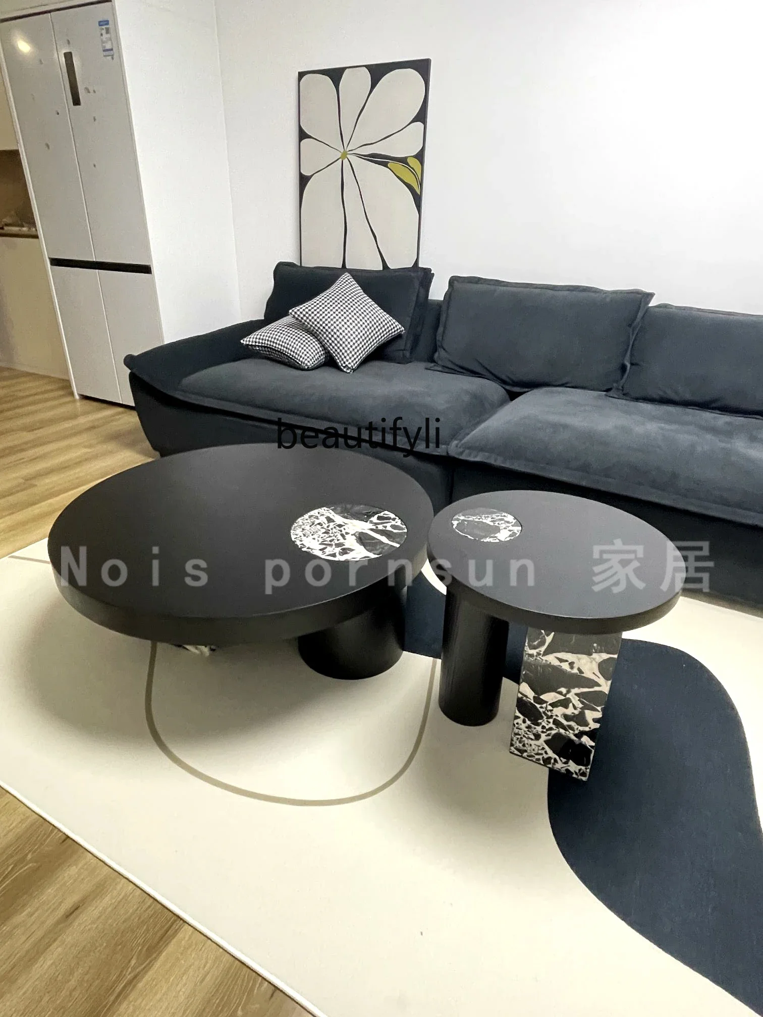 French Minimalist Natural Black Marble Coffee Table Small Round Table Solid Wood Thickened Round Villa
