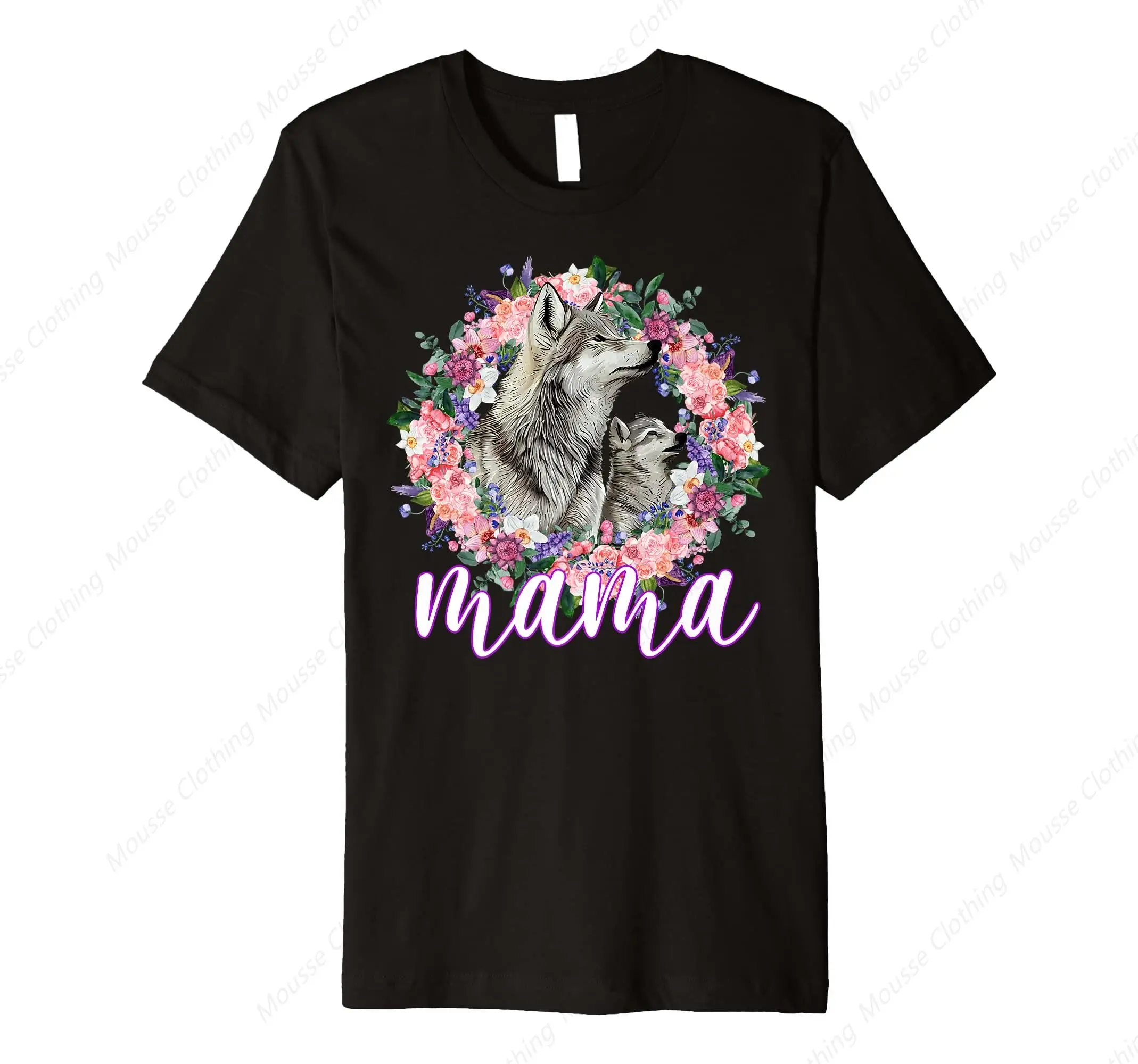 Flowers Mom & Cute Baby Wolf - Animal Mama Mother's Day Premium T-Shirt