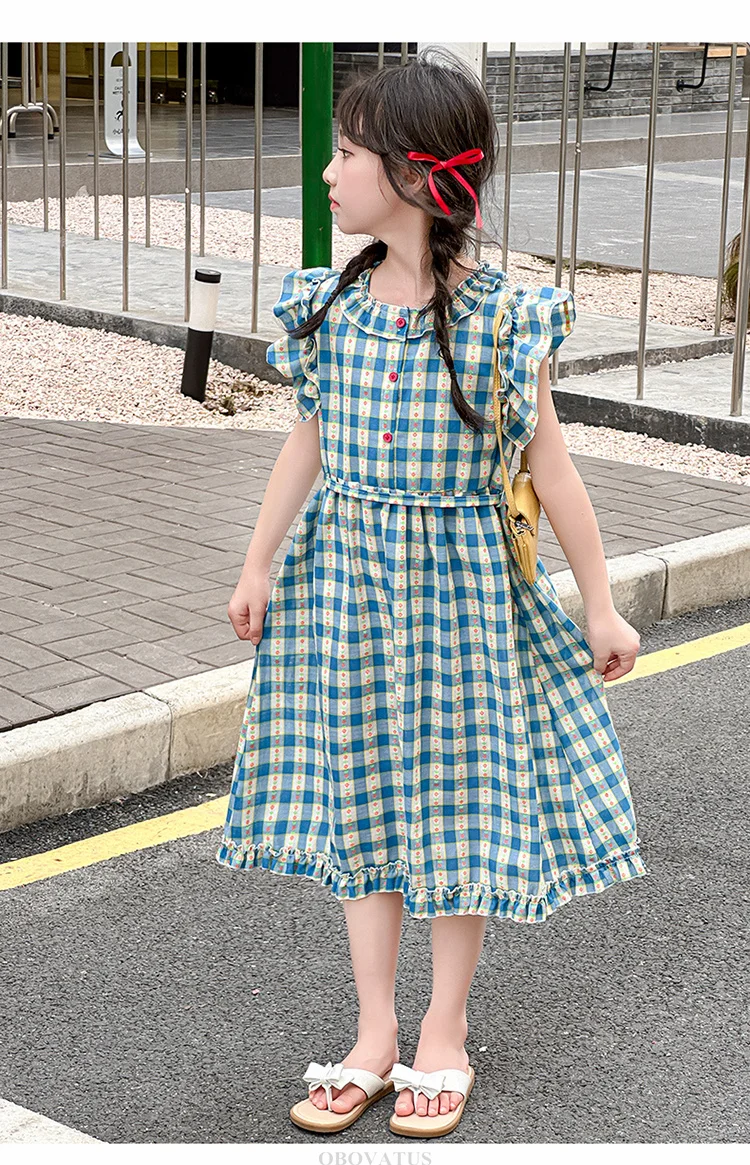 Preppy-Stil Kinder Babyblau Kariertes Kleid mit Blütenärmeln für Mädchen A-Linien-Schulkleider für Teenager Neue Sommerkleidung – Detail 6