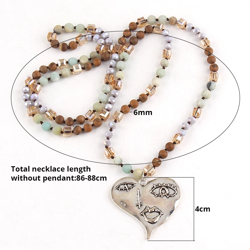 Fashion Bohemian Jewelry 6mm Stone/Glass Knotted SIL Metal Heart Pendant Necklaces For Women Festival Gift