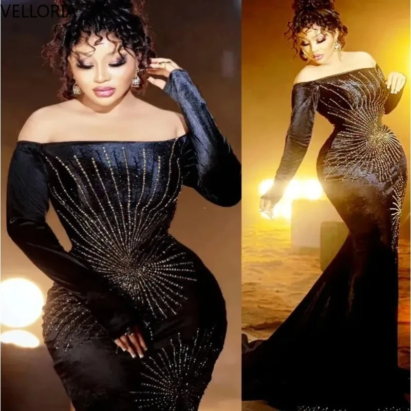 

Luxury Beading Arabic Velvet Long Sleeves Evening Dresse African Crystals Black Mermaid Prom Dress Formal Party Gowns Customized
