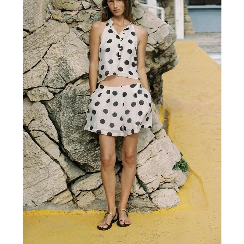 

Casual Polka Dot Netie ort Top And orts Two-Piece Set round Ne Button-Up ort Sve Faionable Ensemble