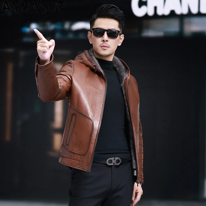 AYUNSUE Winter Genuine Leather Jacket Men Clothing Sheepskin Mens Jacket Mink Fur Liner Leather Jacket Thicked Vestes Hommes